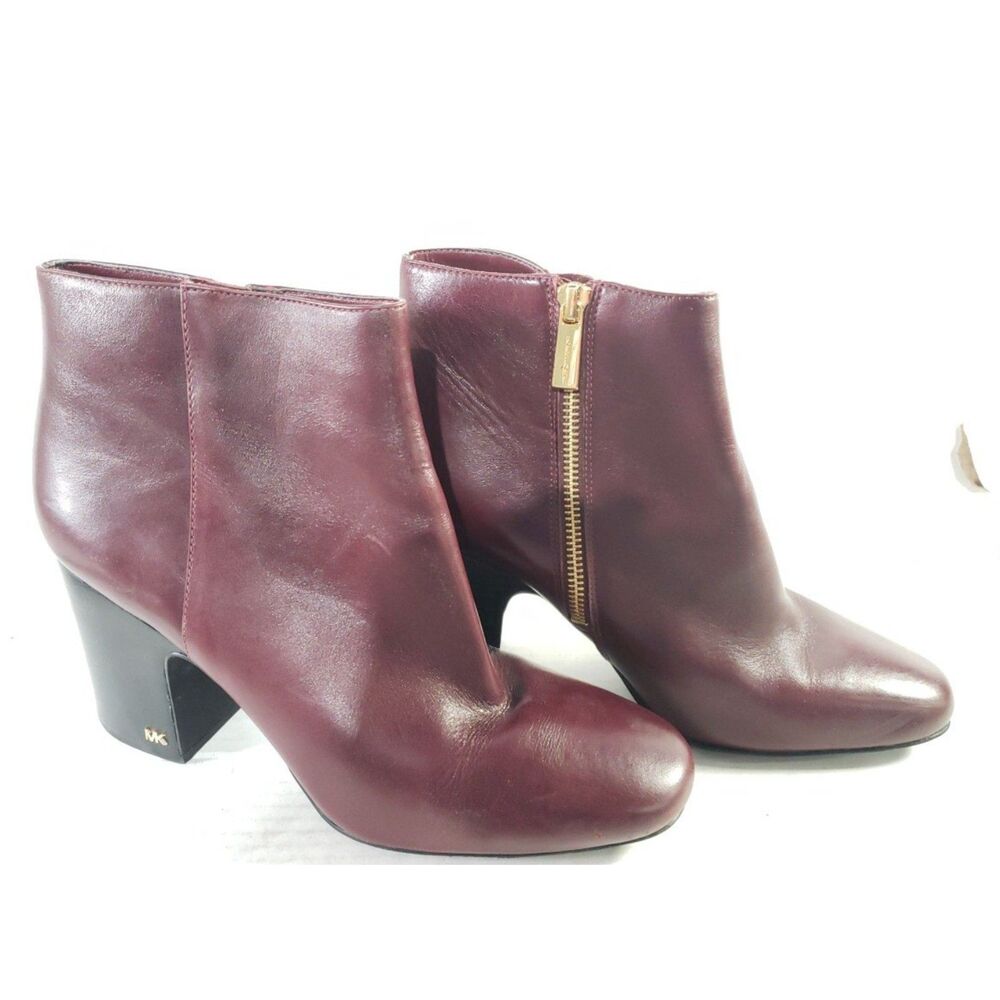 MICHAEL Michael Kors Margaret Burgundy Leather Ankle Boots with Gold Zipper 10M